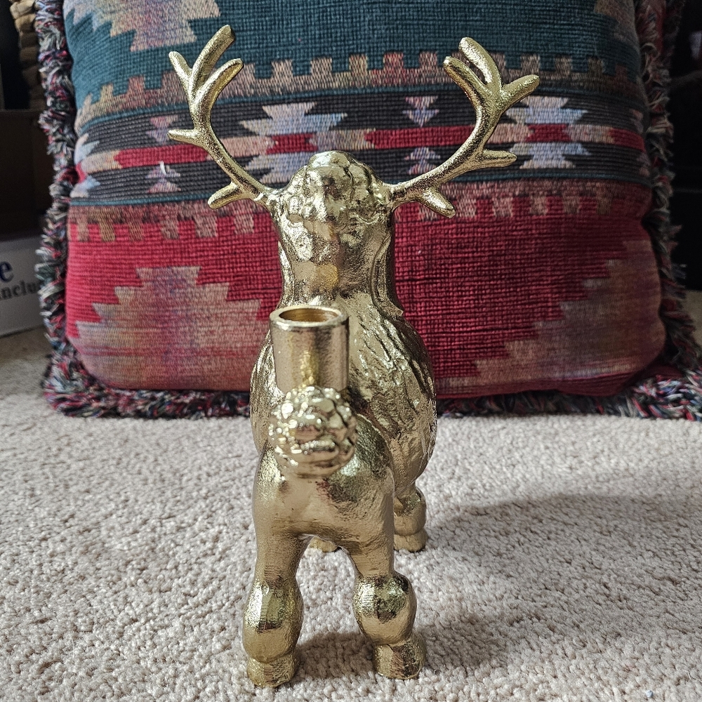 Opalhouse Poodle Dog Reindeer w Antlers Gold Metal heavy Candlestick Holder 9.5" - Picture 5 of 8